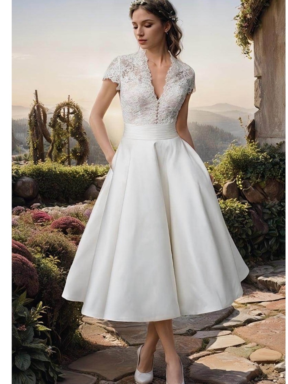 NWT Coco Melody Elegant White Lace Bodice Midi Tea Length Wedding Dress